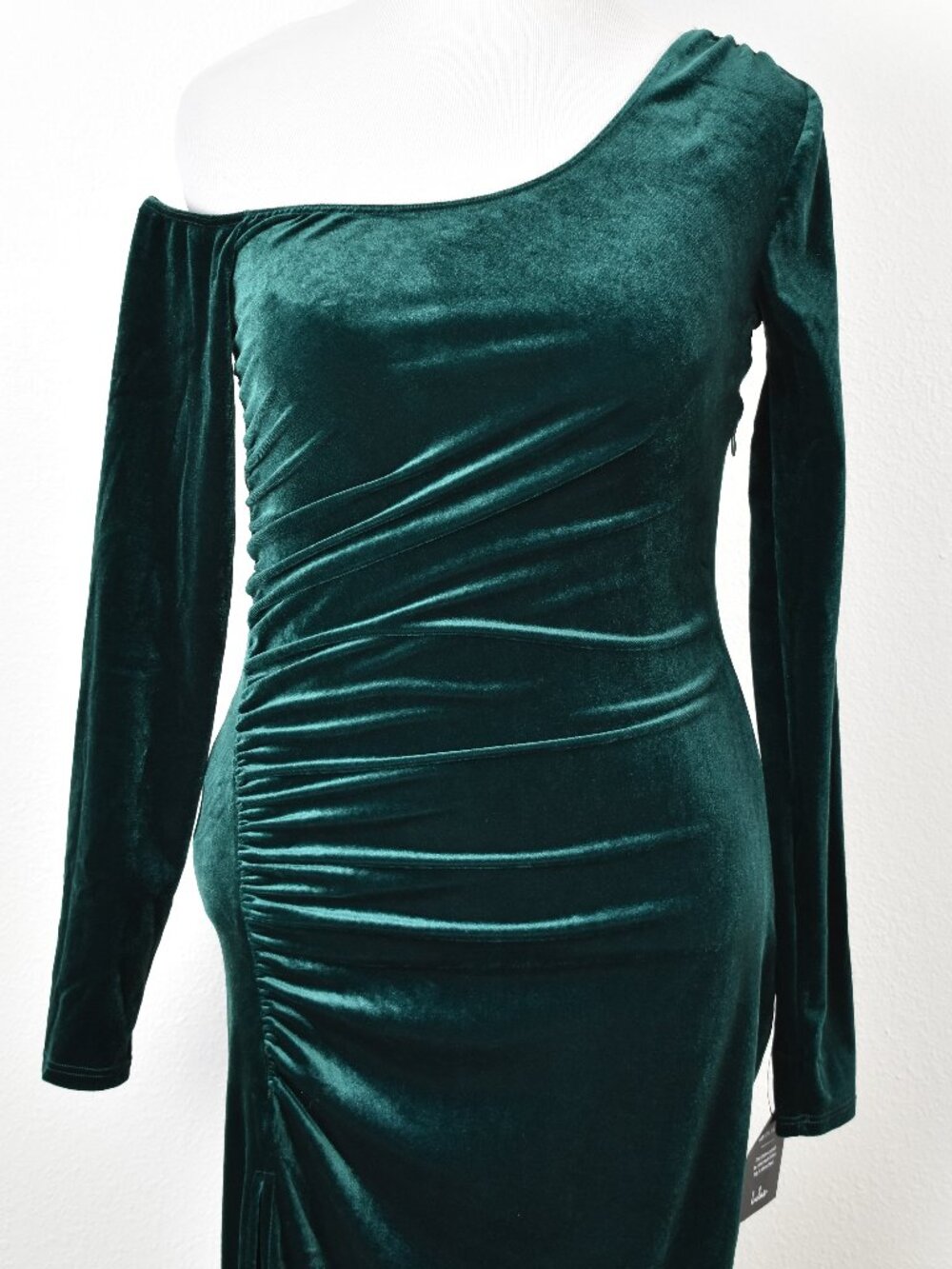Lulu's Notorious Icon Emerald Green Velvet Asymmetrical Maxi Dress NEW - L - Picture 2 of 10